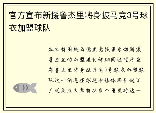 官方宣布新援鲁杰里将身披马竞3号球衣加盟球队