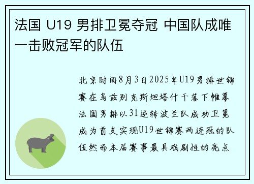 法国 U19 男排卫冕夺冠 中国队成唯一击败冠军的队伍