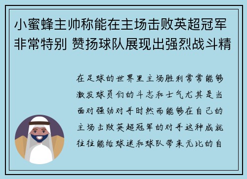 小蜜蜂主帅称能在主场击败英超冠军非常特别 赞扬球队展现出强烈战斗精神